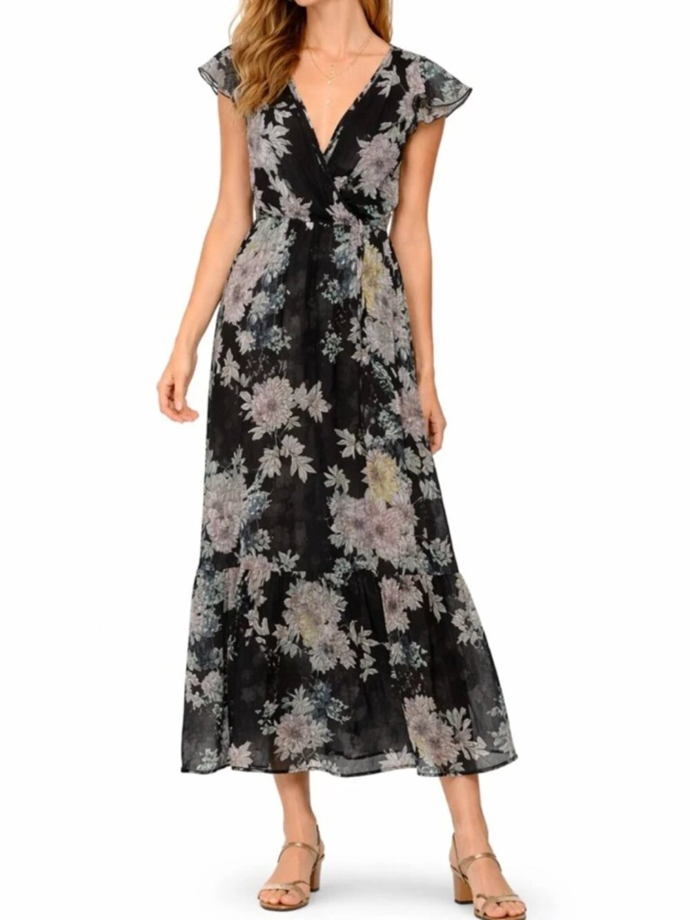 BAND OF GYPSIES Black Floral Sheer Flutter Sleeve Maxi Dress sz S